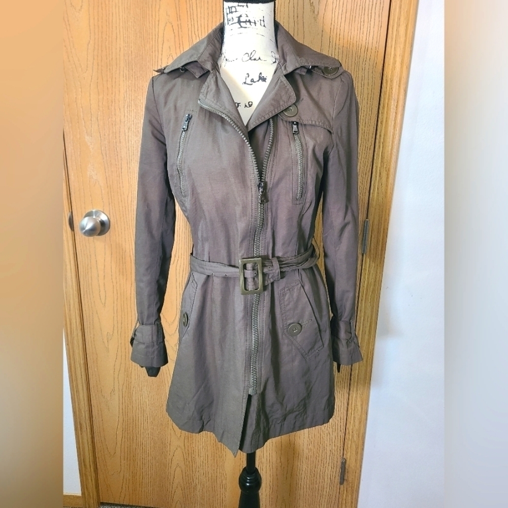 Kenneth Cole army green zip up hooded belted military trench coat